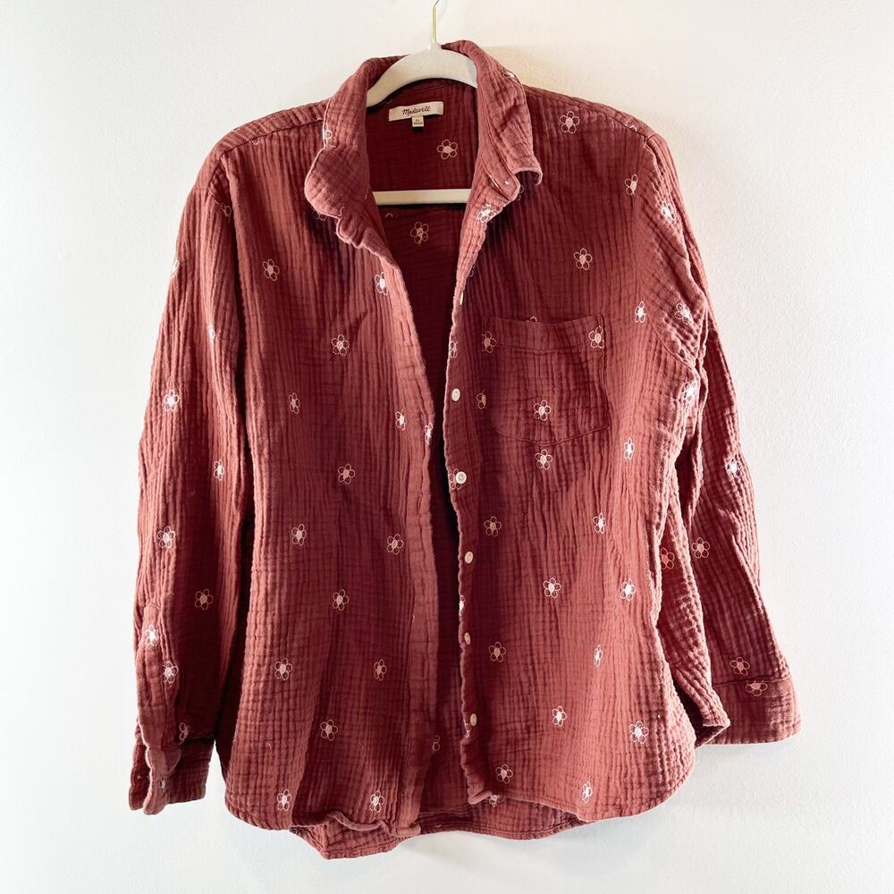 Madewell Embroidered Floral Gauze Long Sleeve Button-Up Shirt Maroon Top XL